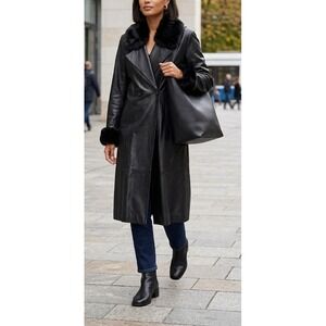 Mary Albert Italy Vintage Black Vera Pelle Leather Fur Trim Trench Coat Size 42